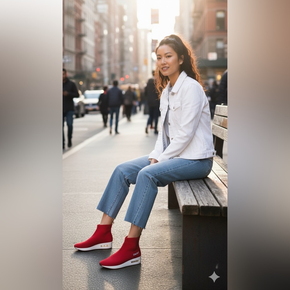 DKNY Vibrant Red Knit Ankle Boots - Picture 4 of 8